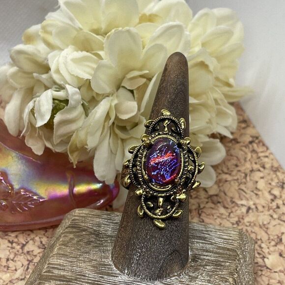 Valentine’s Day Renaissance Medieval gold Ring Mexican Fire Opal Dragons breath - Picture 8 of 16